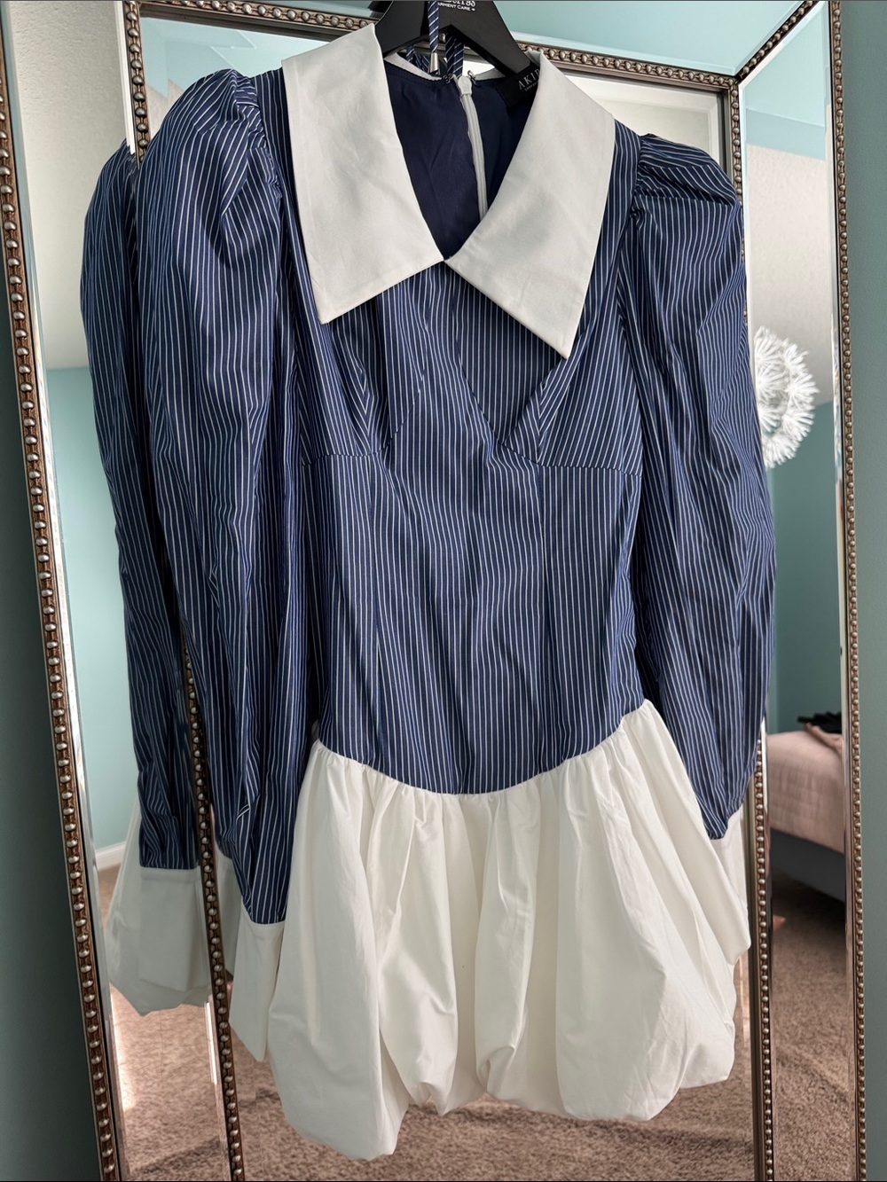 Striped Blue & White Puff-Sleeve Mini Dress - Picture 5 of 8